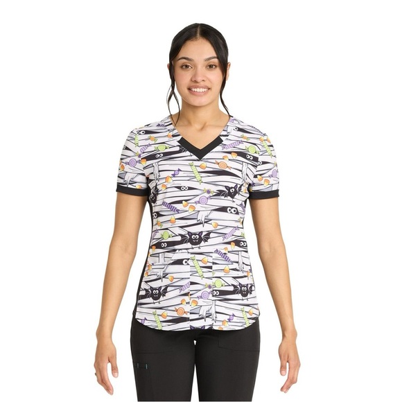 Scrubstar That's A Wrap Women's V-Neck Print Scrub Top - Black and White Medium - Picture 1 of 6